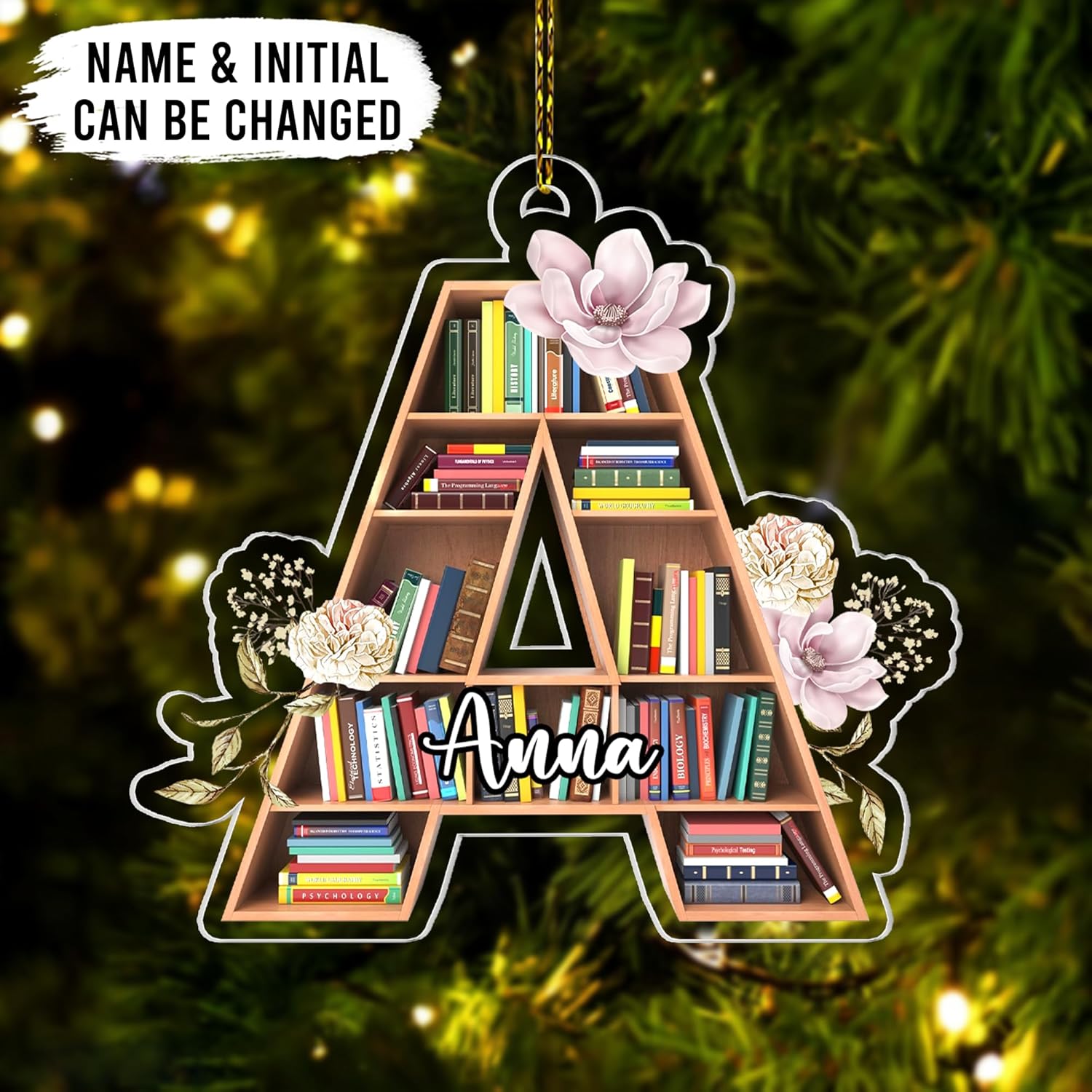 Letter-Initial Bookshelf Cut Acrylic Ornament – Personalized Library Gift for Book Lover or Teacher, Bookish Christmas Tree Decor with Custom Name