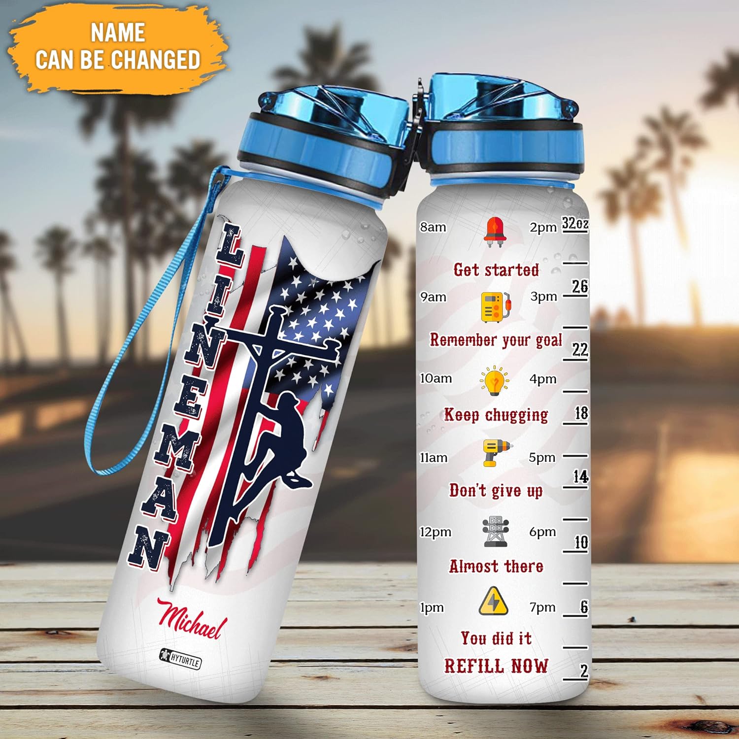 Lineman American Flag - Personalized Water Tracker Bottle 32oz