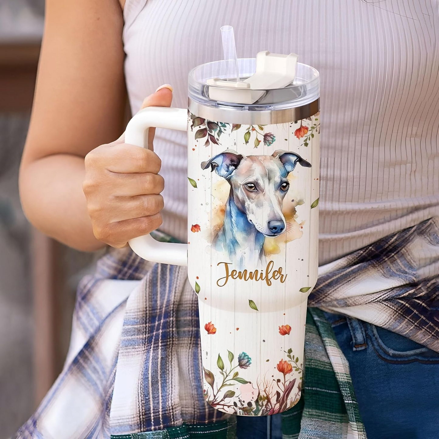 Whippet Lover Tumbler 40oz with Handle & Straw – Personalized Stainless Steel Insulated Mug with Lid – Stylish Gift for Dog Moms