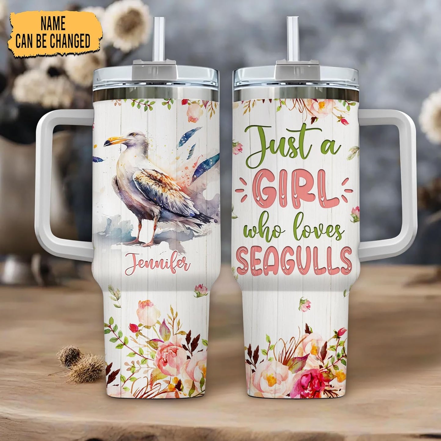 Seagull Lover Tumbler 40oz with Handle & Straw – Personalized Stainless Steel Travel Cup with Lid – Unique Gift for Bird Lovers
