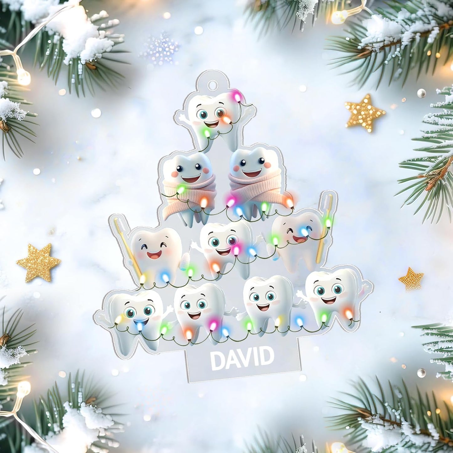Smiling teeth Christmas tree cut acrylic ornament – personalized dental design, custom name holiday gift for dentist, hygienist, assistant or dental student