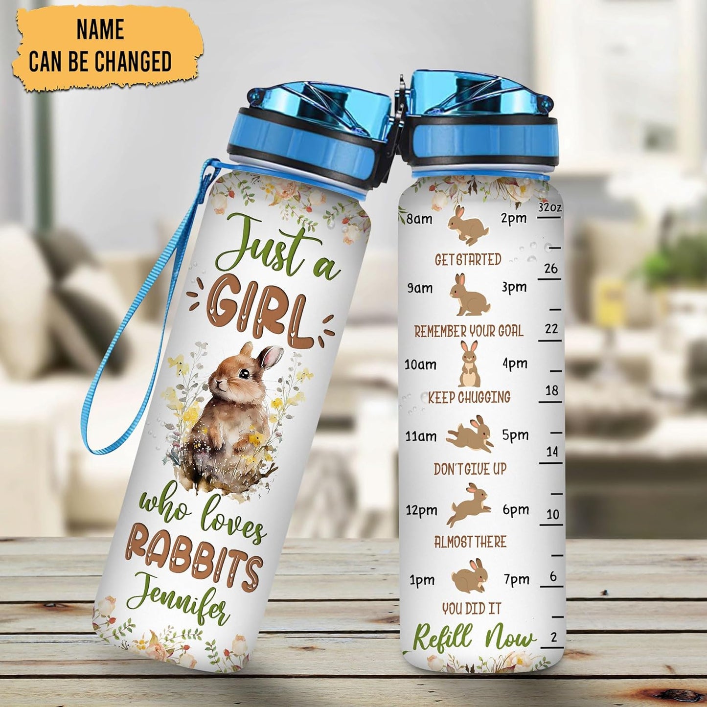 Rabbit Lovers Water Bottle Tracker 32oz – Personalized Motivational Time Marker Hydration Bottle – Unique Gift for Women, Girls on Birthday, Christmas