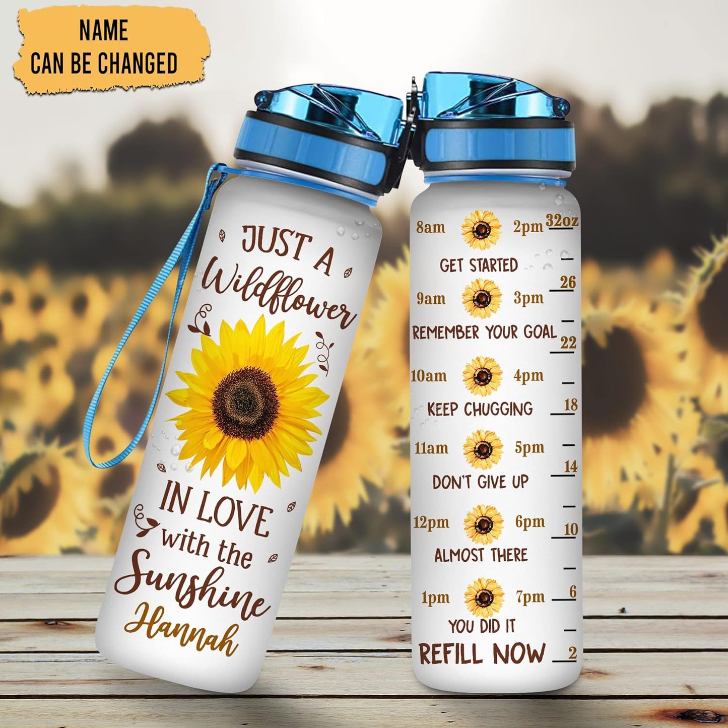 Wildflower & Sunshine Sunflower 32oz Water Bottle Tracker – Personalized Hydration Bottle with Time Marker – Inspirational Gift for Women