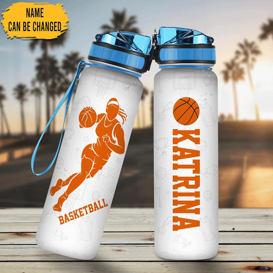 Basketball Player Water Bottle Tracker 32oz – Personalized Sports Hydration Bottle with Time Marker – Gift for Basketball Lovers