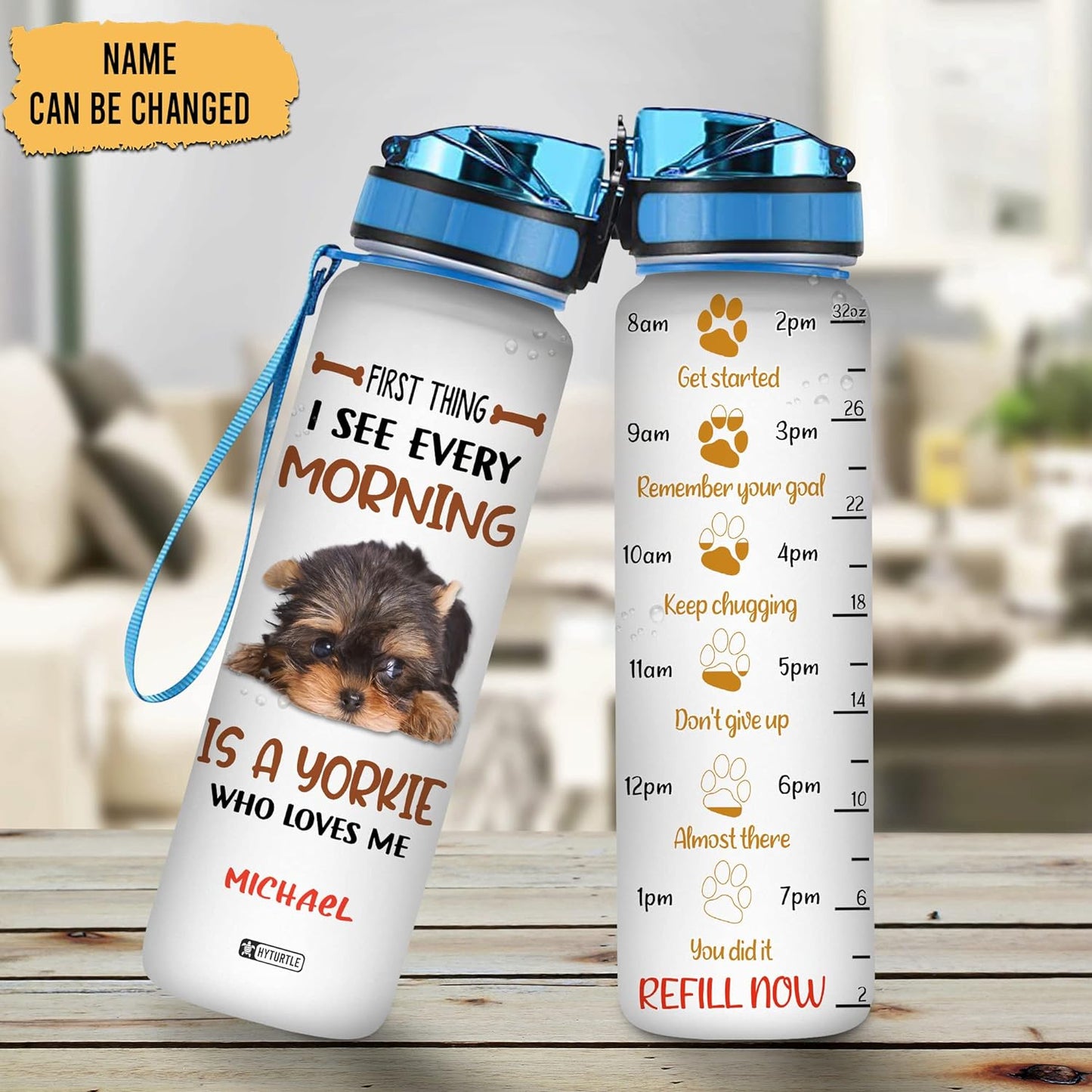 Yorkie Lover Water Bottle Tracker 32oz Personalized – Cute Dog Design Hydration Bottle with Time Marker – Fun Gift for Pet Owners