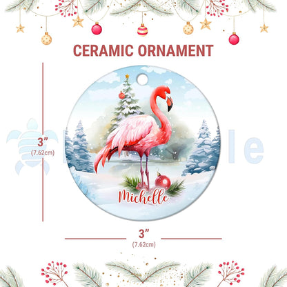 Flamingo Winter Scene Ceramic Circle Ornament – Personalized Christmas Gift for Flamingo Lover, Tropical-Chic Tree Decor Keepsake for Her