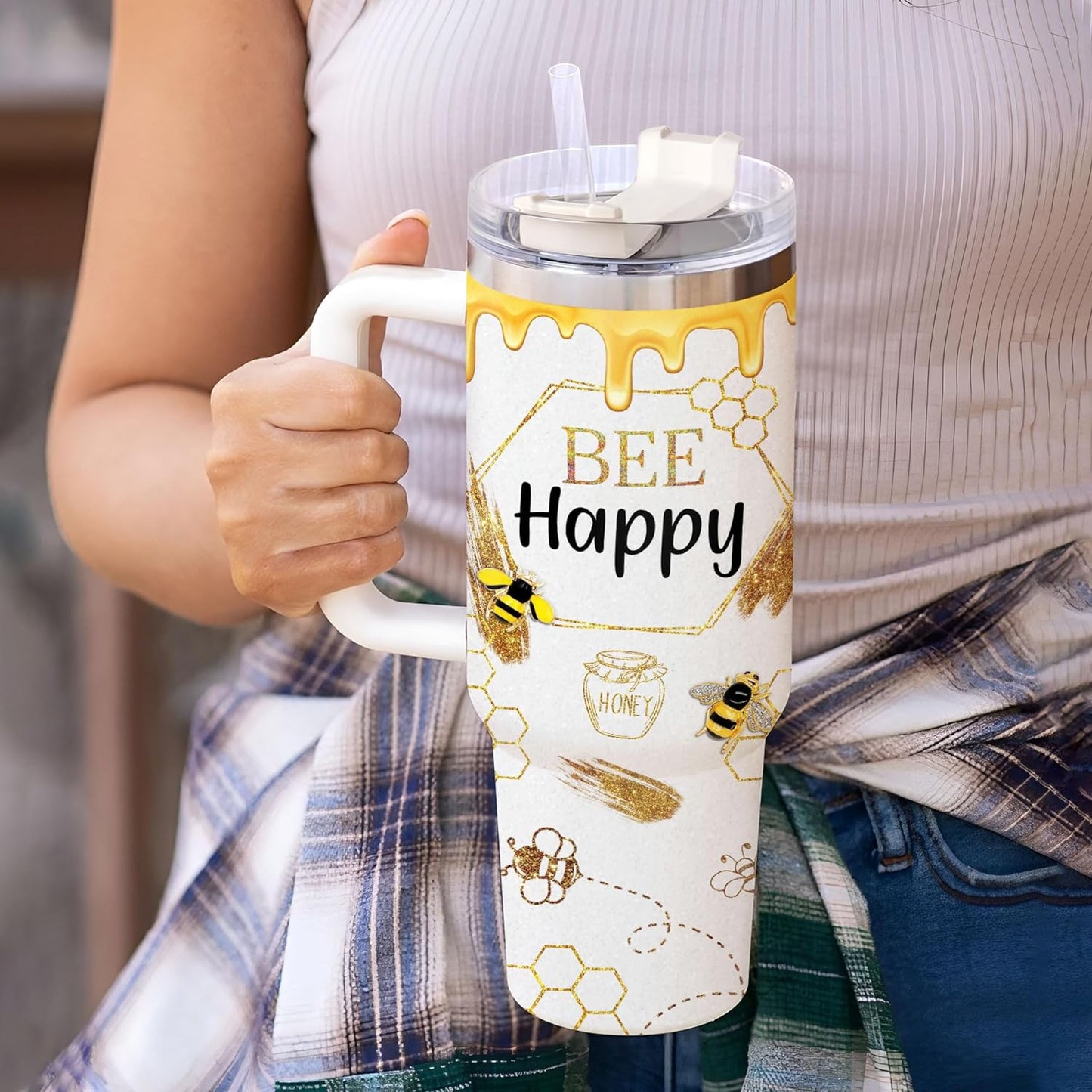 Bee & Honeycomb Tumbler 40oz with Handle & Straw – Personalized Stainless Steel Insulated Travel Cup with Lid – Unique Gift for Bee Lovers