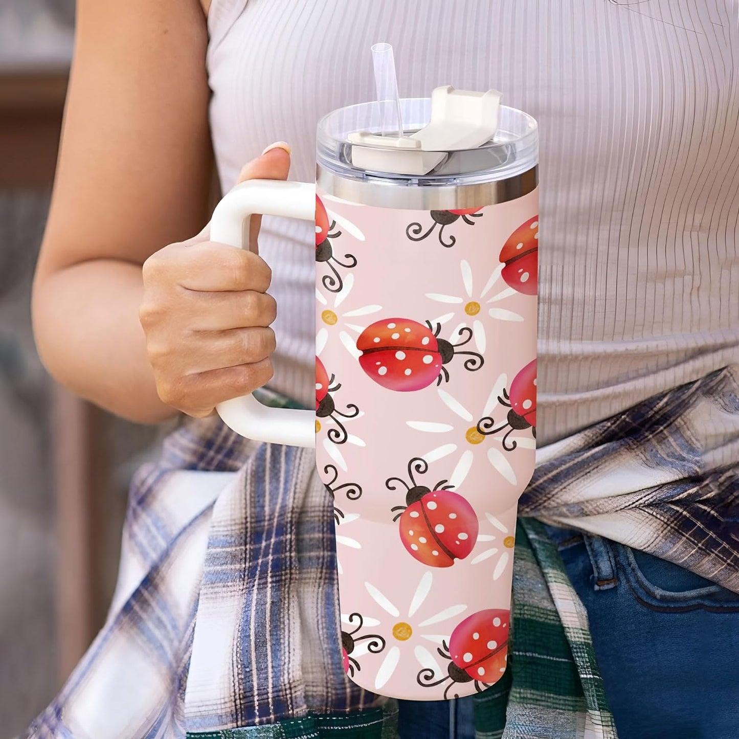 Ladybug Pattern Tumbler 40oz with Handle & Straw – Personalized Stainless Steel Insulated Cup with Lid – Cute Gift for Bug Lovers