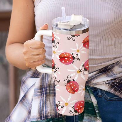Ladybug Pattern Tumbler 40oz with Handle & Straw – Personalized Stainless Steel Insulated Cup with Lid – Cute Gift for Bug Lovers