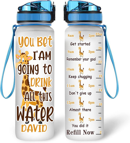 Funny Giraffe Water Bottle Tracker 32oz – Personalized Motivational Hydration Bottle with Time Marker – Gift for Giraffe Lovers