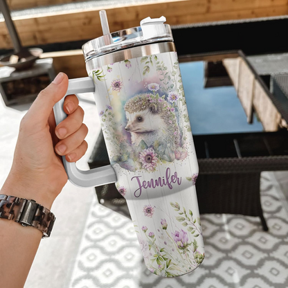 Hedgehog Floral 40oz Tumbler with Handle & Straw – Personalized Stainless Steel Insulated Travel Cup with Lid – Unique Gift for Animal Lovers
