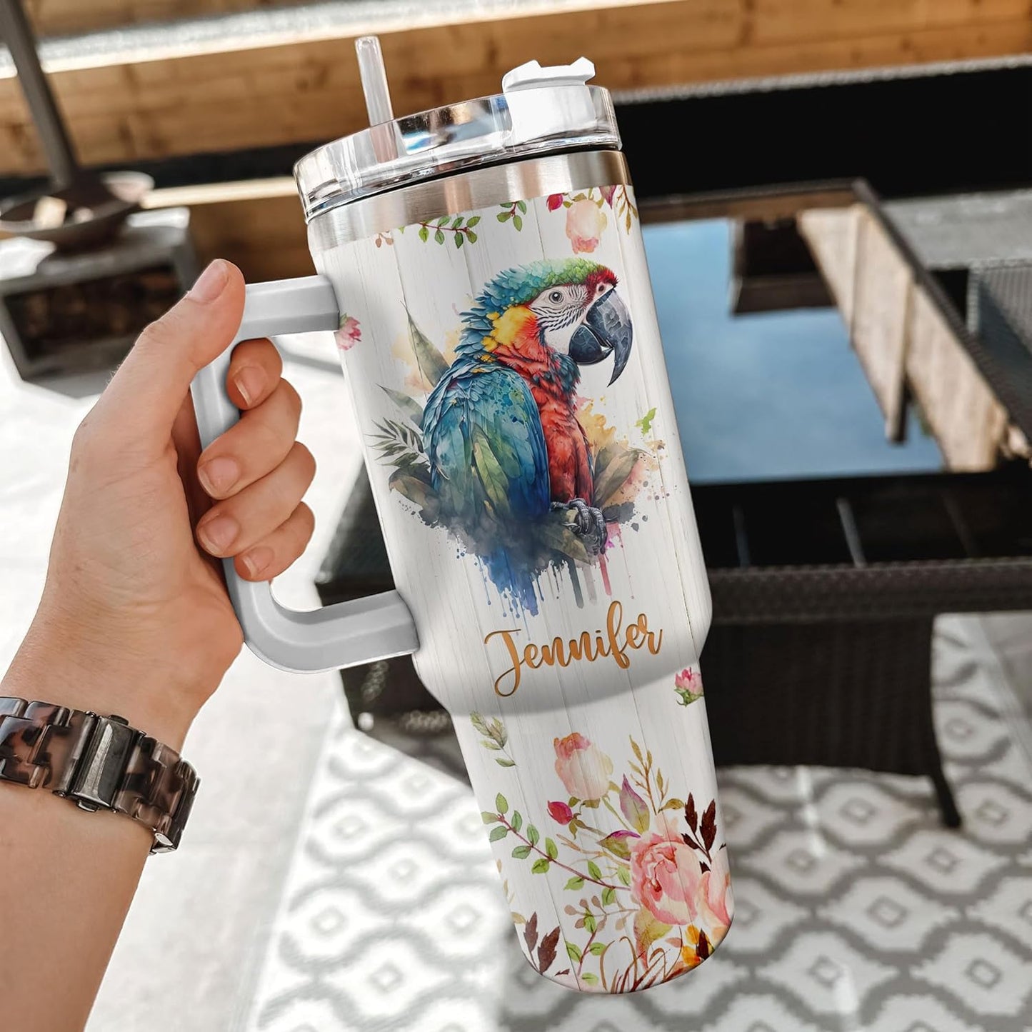 Macaw Tumbler 40oz with Handle & Straw – Personalized Stainless Steel Insulated Travel Cup with Lid – Artistic Gift for Parrot Lovers