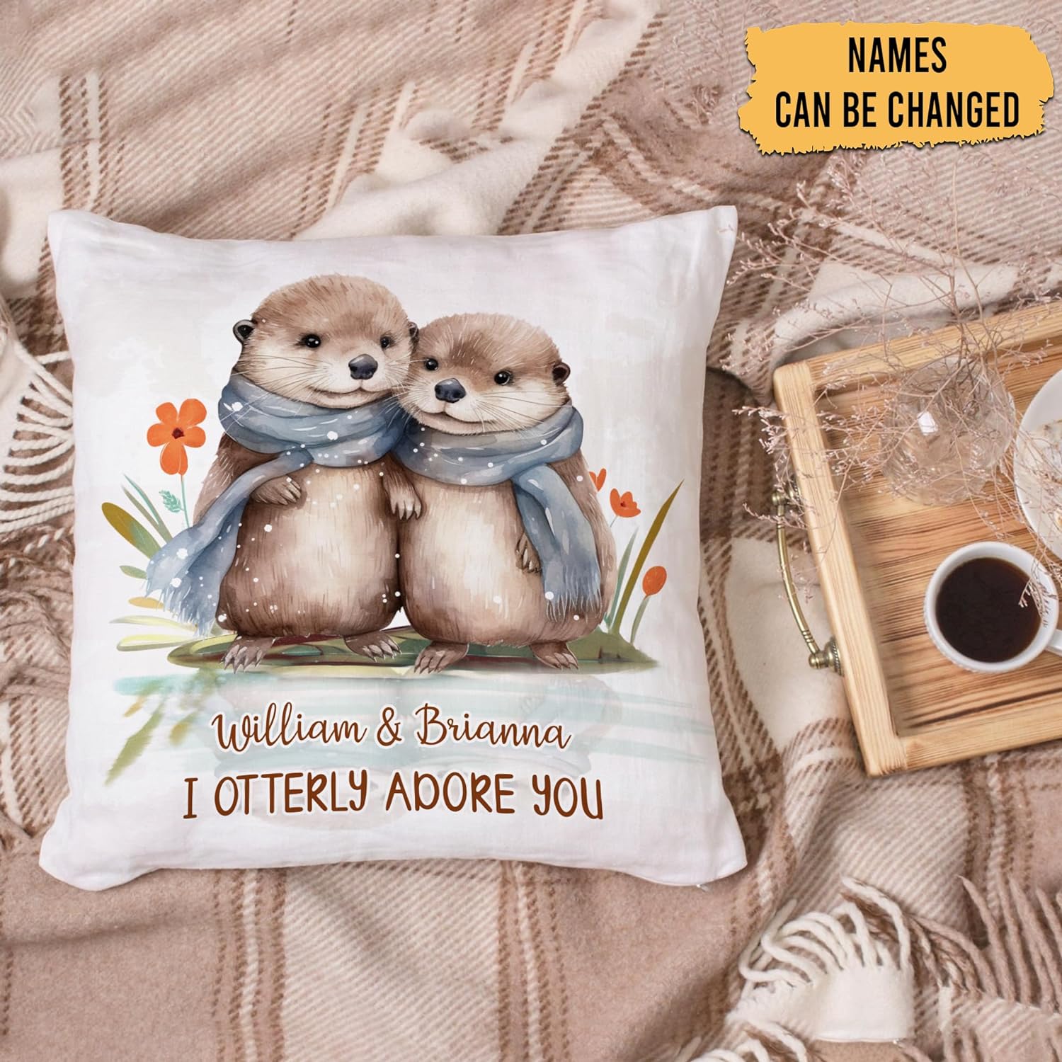 Otter Floral Winter Pattern - Personalized Pillow (Insert Included)