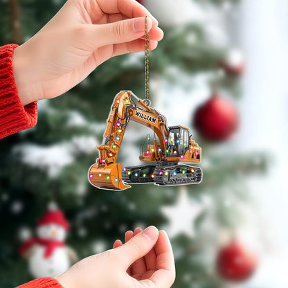 Excavator with string lights cut acrylic ornament – personalized 2D flat silhouette, custom name Christmas gift for operator, construction worker or contractor