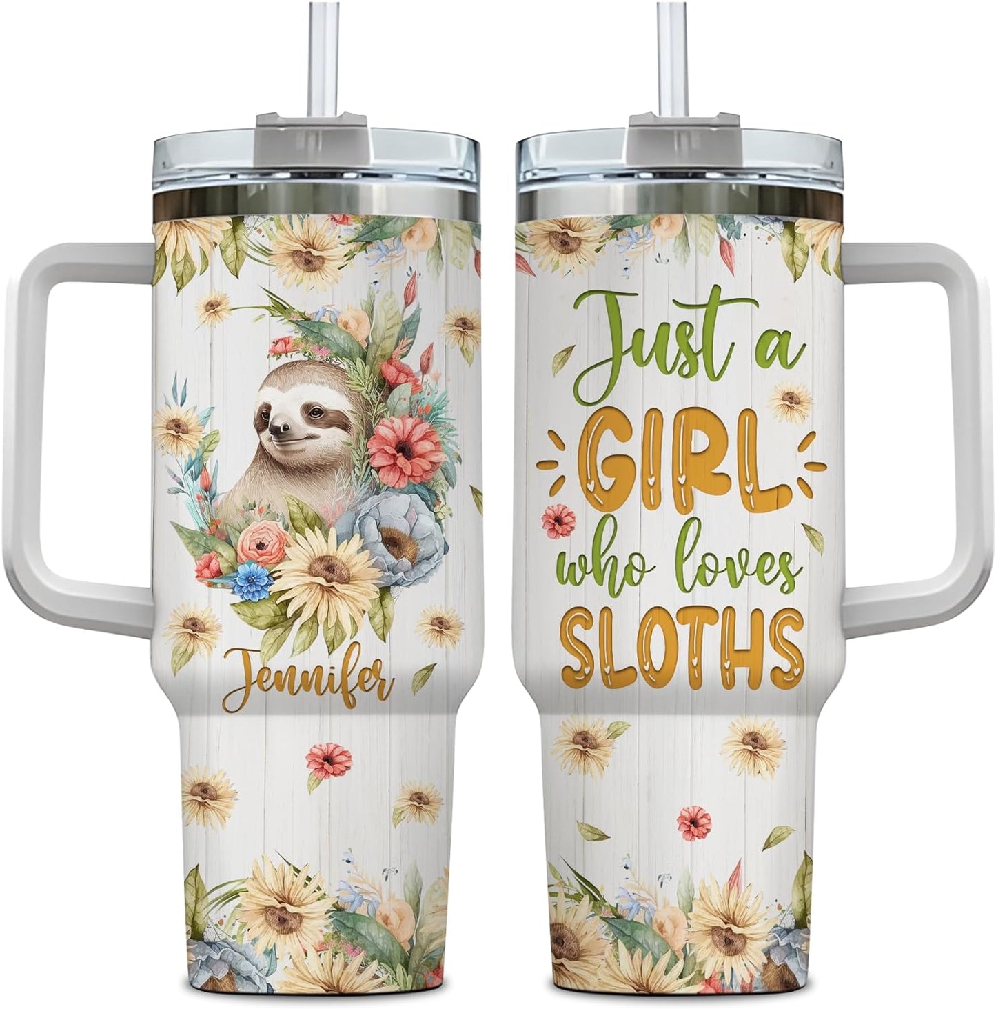 Sloth Floral Tumbler 40oz – Personalized Stainless Steel Insulated Cup with Handle & Straw – Unique Gift for Sloth Lovers