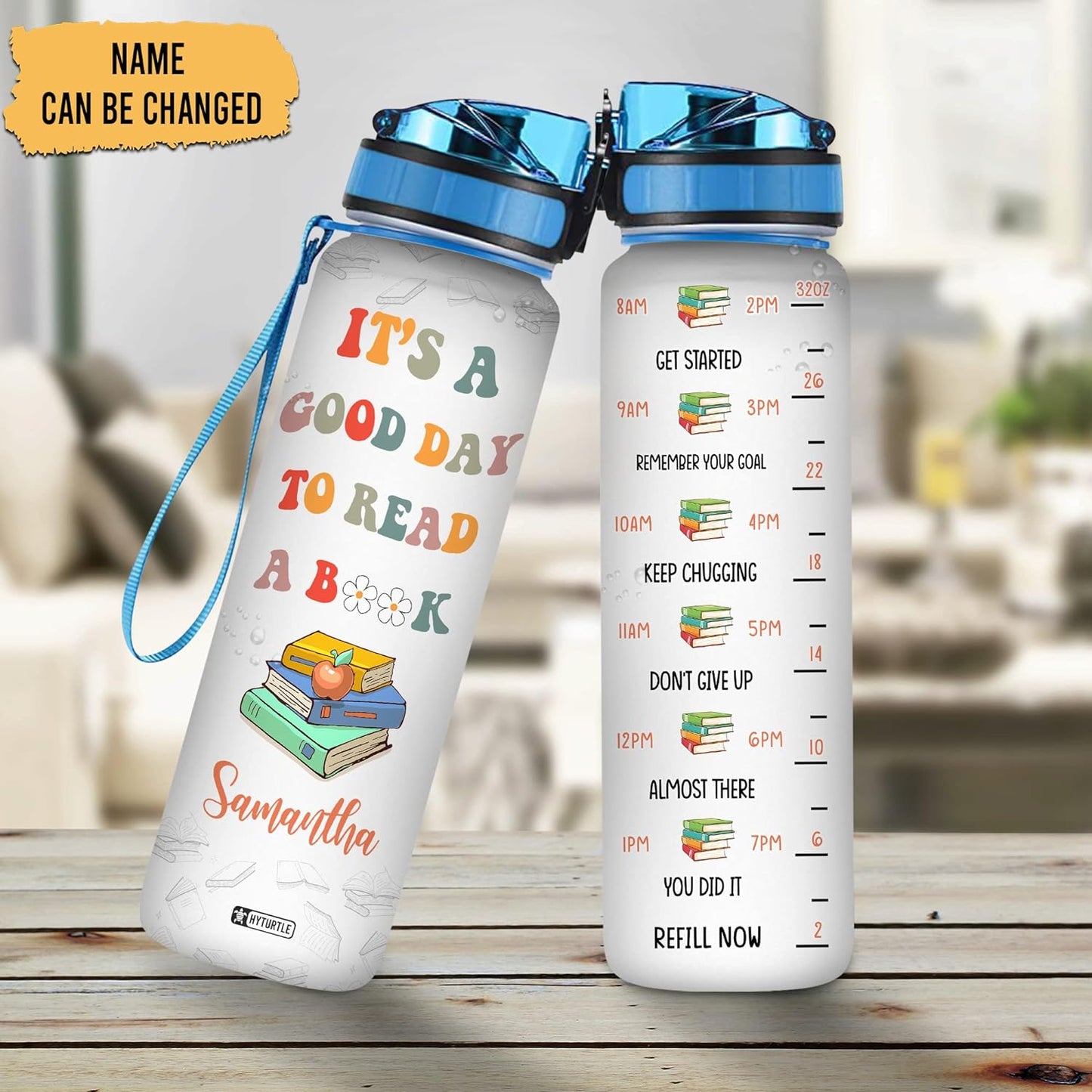 Good Day to Read Theme Water Bottle Tracker 32oz – Personalized Motivational Bottle with Time Marker – Inspiring Gift for Book Lovers