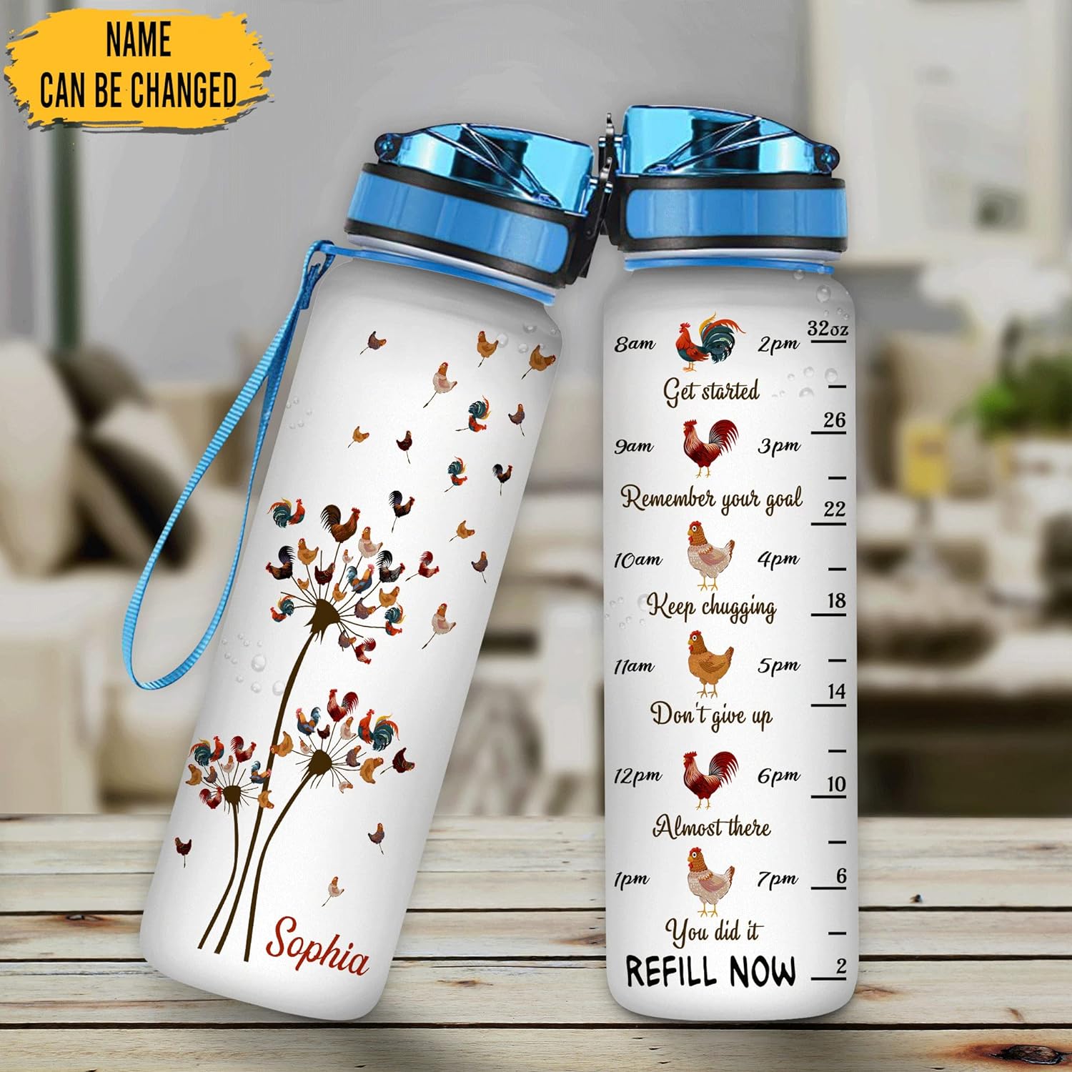 Chicken Theme - Personalized Water Tracker Bottle 32oz