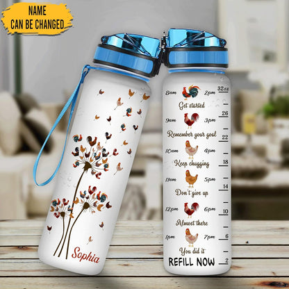 Chicken Dandelion Water Bottle Tracker 32oz – Personalized Motivational Bottle with Time Marker – Farm Animal Gift for Women