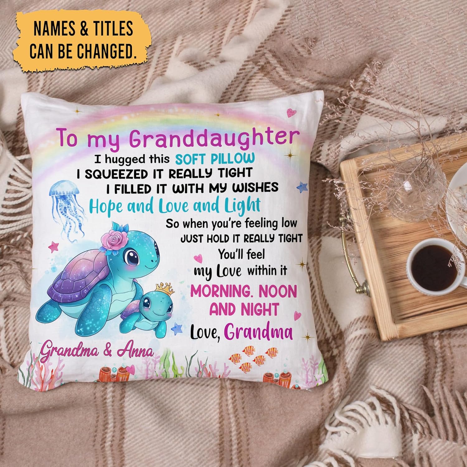 Personalized Pillow with Insert – To My Granddaughter Sea Turtle Design – Birthday or Graduation Gift from Grandma