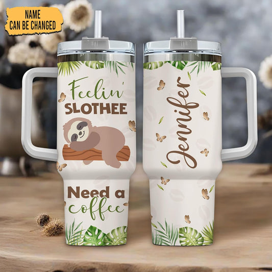 Funny Sloth Coffee Tumbler 40oz with Handle & Straw – Personalized Stainless Steel Travel Cup with Lid – Creative Gift for Animal Lovers