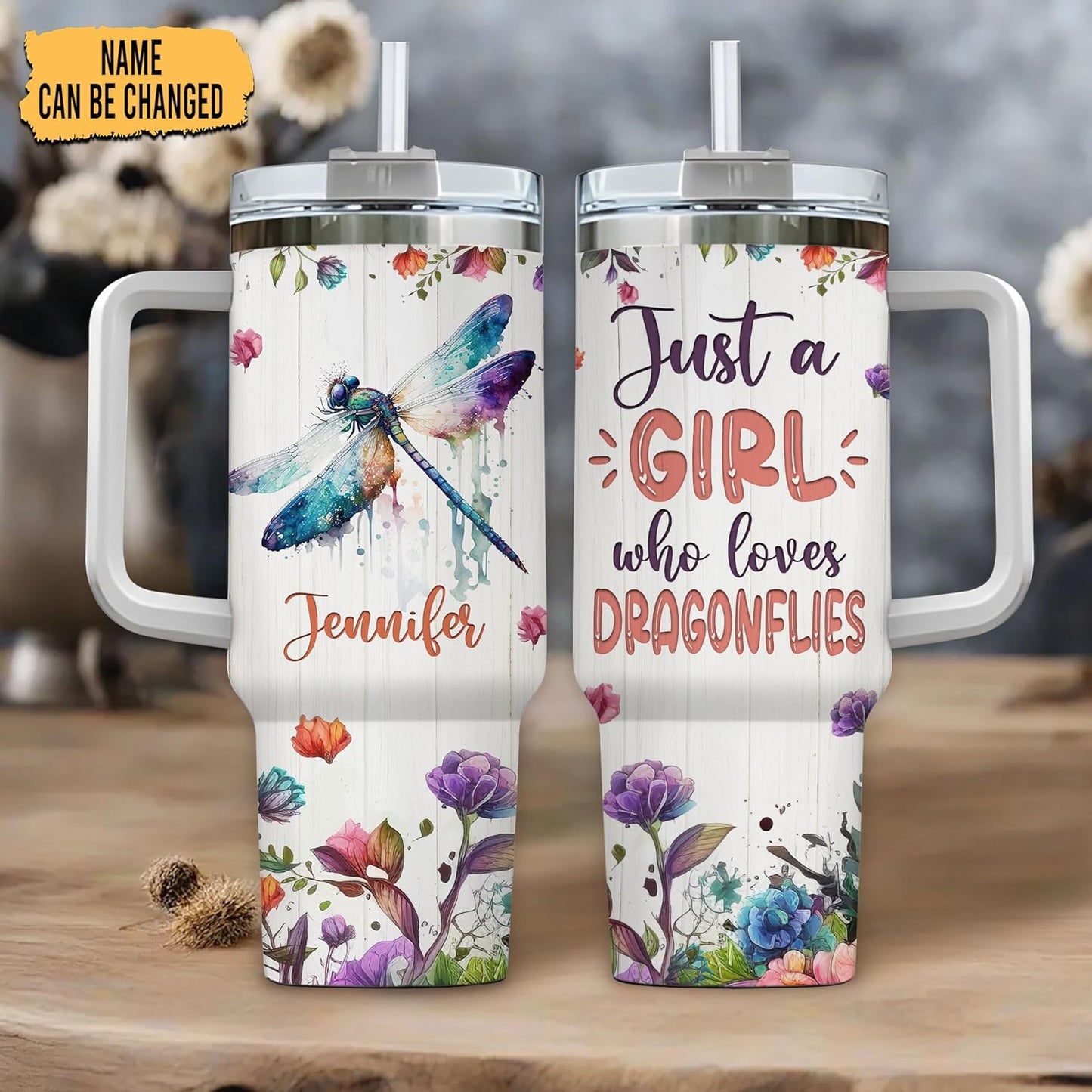 Dragonfly Lover Tumbler 40oz with Handle & Straw – Personalized Stainless Steel Travel Cup with Lid – Artistic Gift for Nature Lovers