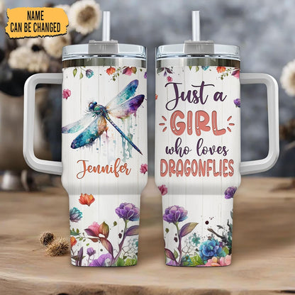 Dragonfly Lover Tumbler 40oz with Handle & Straw – Personalized Stainless Steel Travel Cup with Lid – Artistic Gift for Nature Lovers