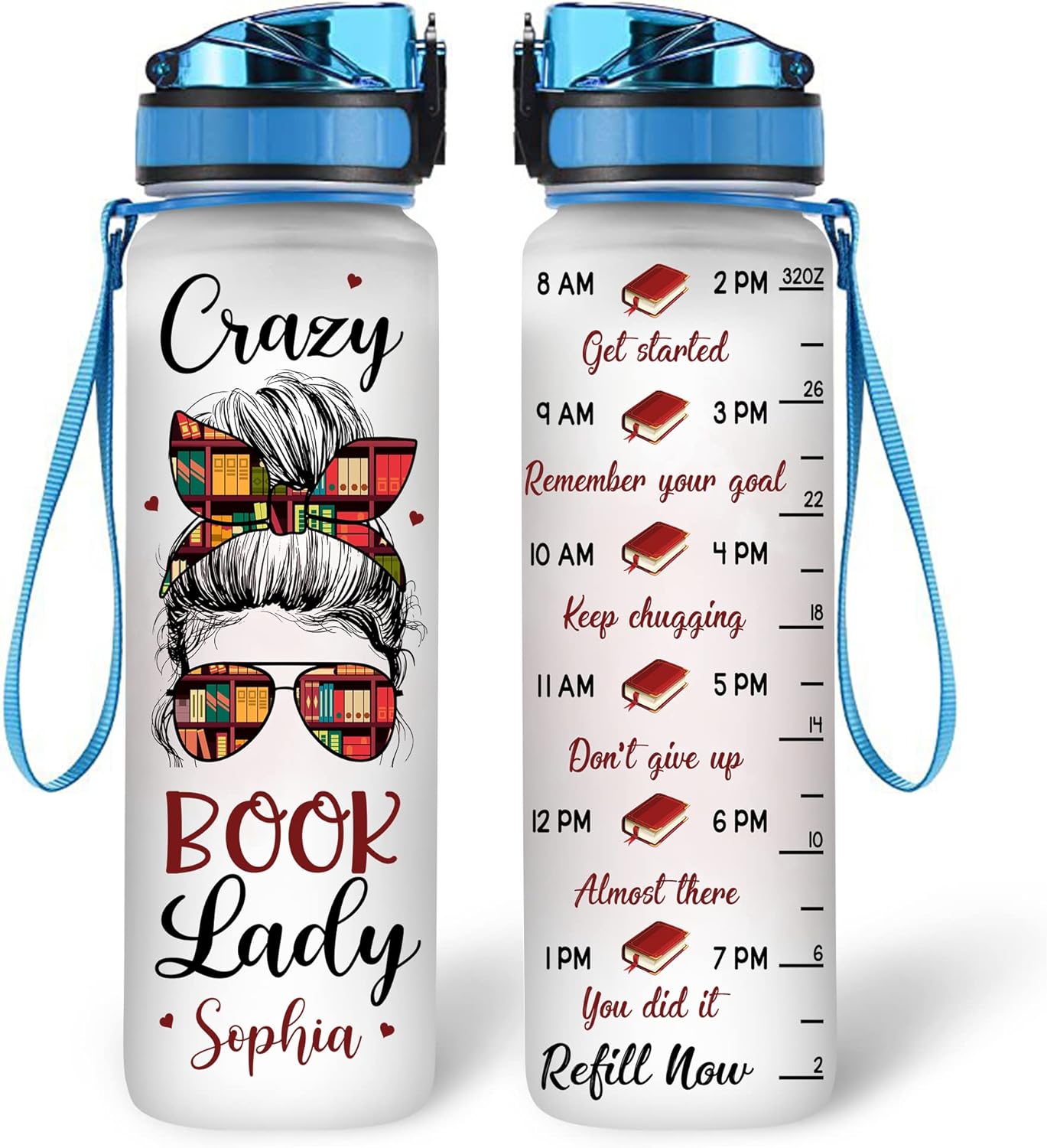 Crazy Book Lady Water Bottle Tracker 32oz – Personalized Motivational Hydration Bottle – Fun Gift for Reading Lovers