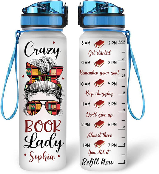 Crazy Book Lady Water Bottle Tracker 32oz – Personalized Motivational Hydration Bottle – Fun Gift for Reading Lovers