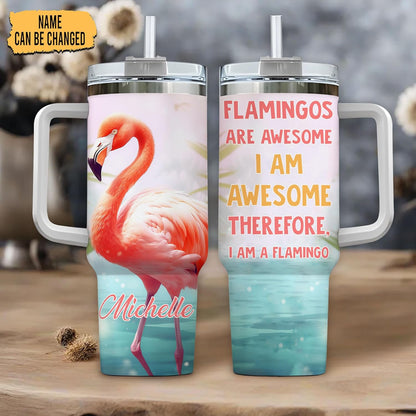 Flamingo Tumbler 40oz with Handle & Straw – Personalized Stainless Steel Insulated Cup with Lid – Stylish Gift for Bird Lovers