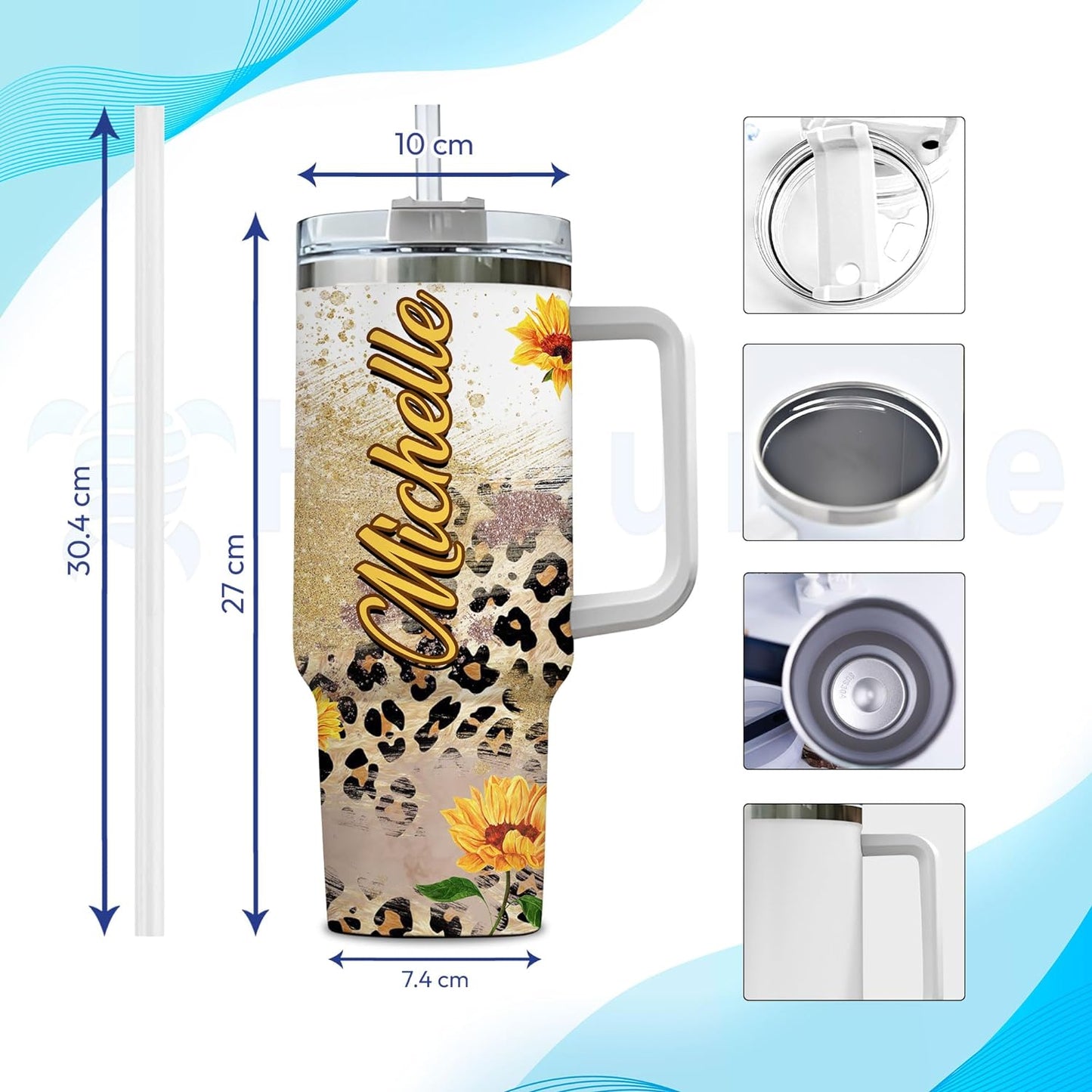 Sunflower Highland Cow Tumbler 40oz with Handle & Straw – Personalized Stainless Steel Travel Cup with Lid – Creative Gift for Animal Lovers