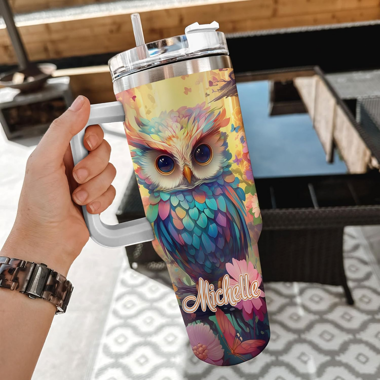 Colorful Owl Tumbler 40oz with Handle & Straw – Personalized Stainless Steel Cup with Lid – Cute Bird Lover Gift for Women & Girls