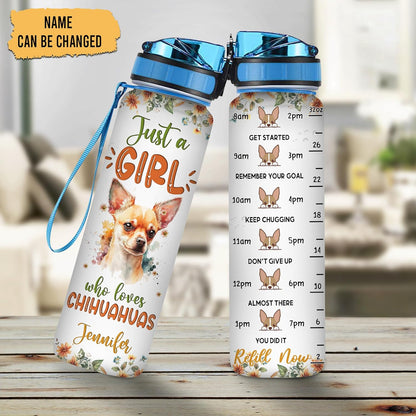 Chihuahua Dog Lovers Water Bottle Tracker 32oz – Personalized Hydration Bottle with Time Marker – Unique Gift for Pet Lovers