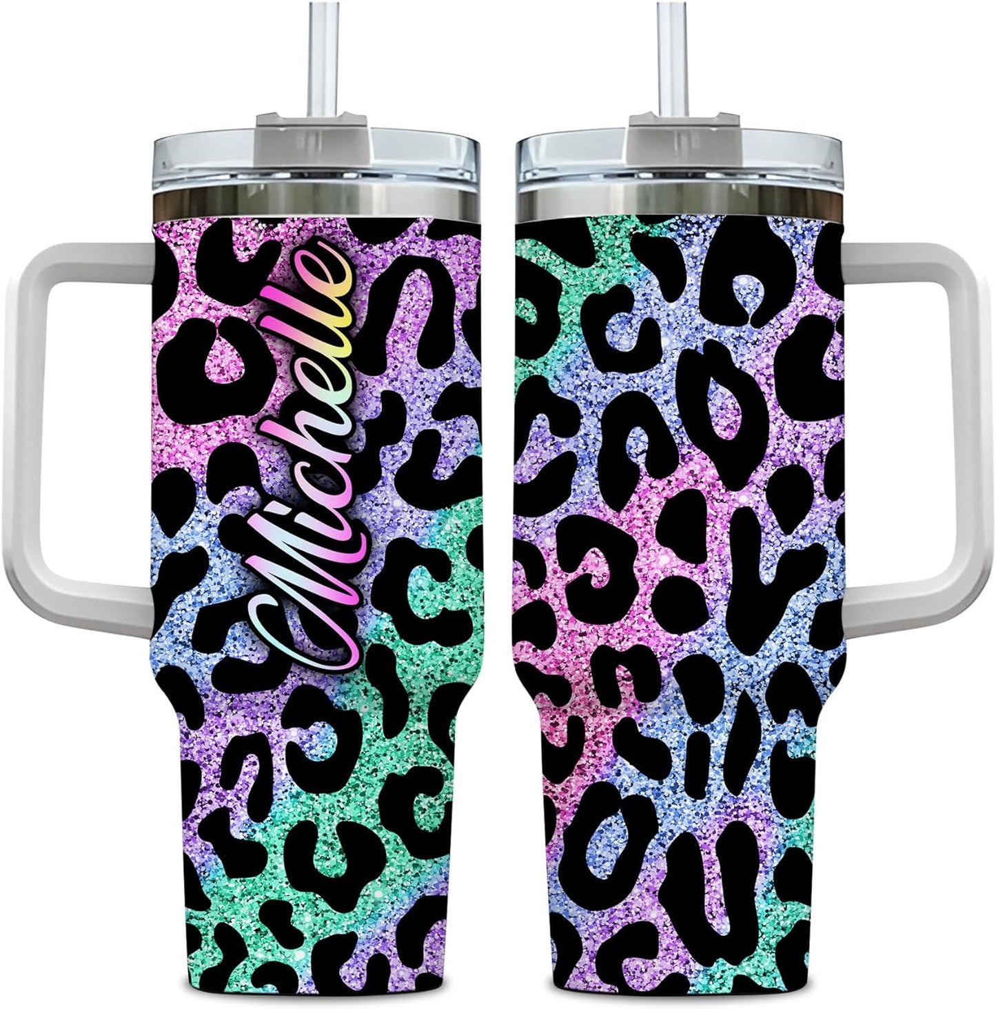 Colorful Leopard Print Tumbler 40oz with Handle & Straw – Personalized Stainless Steel Insulated Cup with Lid – Creative Gift for Women