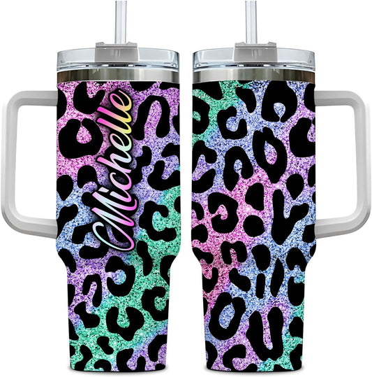 Colorful Leopard Print Tumbler 40oz with Handle & Straw – Personalized Stainless Steel Insulated Cup with Lid – Creative Gift for Women