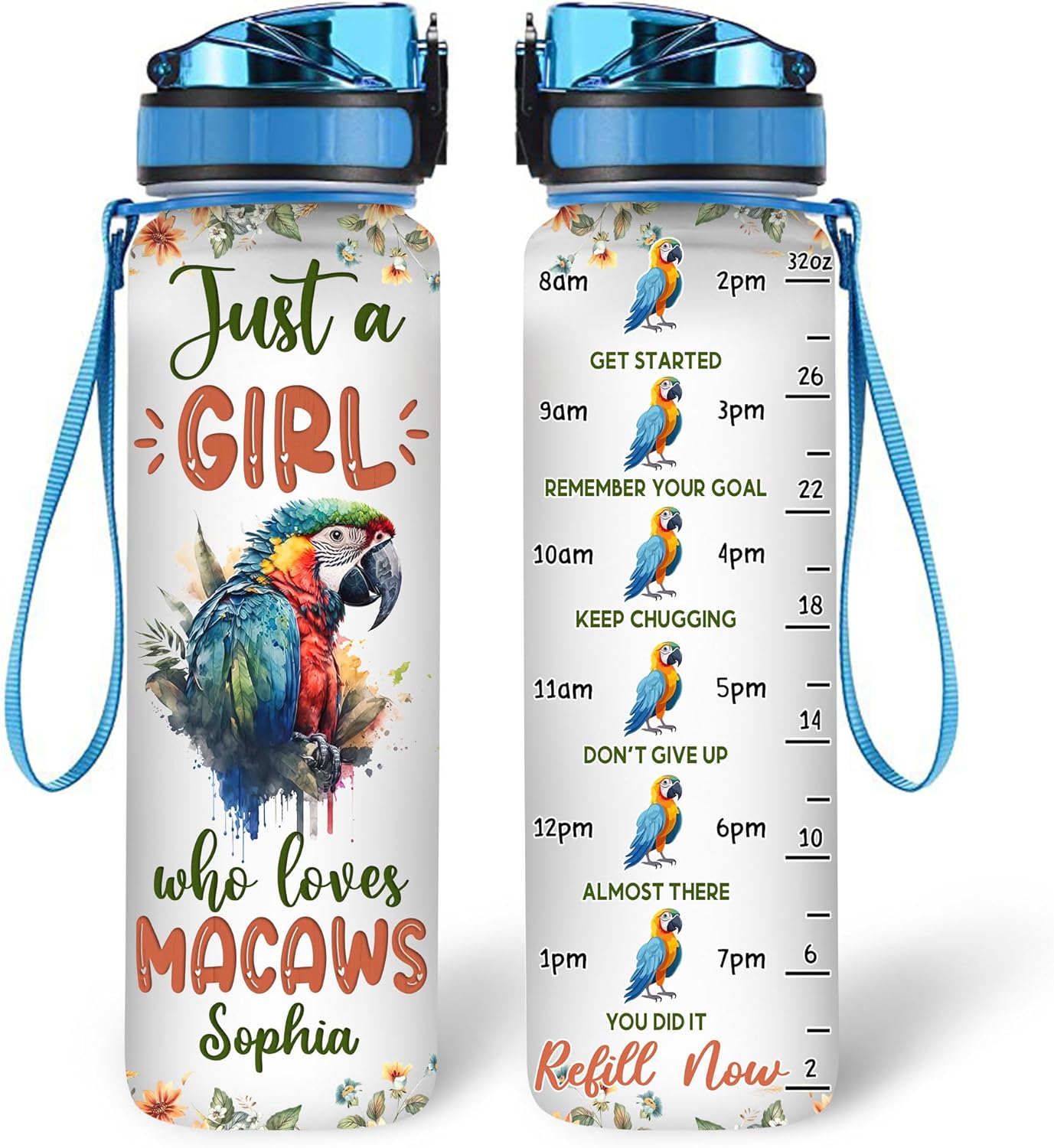 Just A Girl Who Loves Macaws - Personalized Water Tracker Bottle 32oz