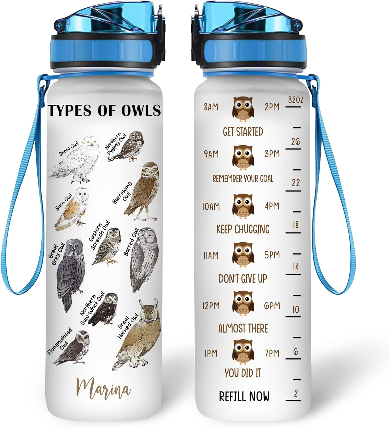 Types Of Owls - Personalized Water Tracker Bottle 32oz