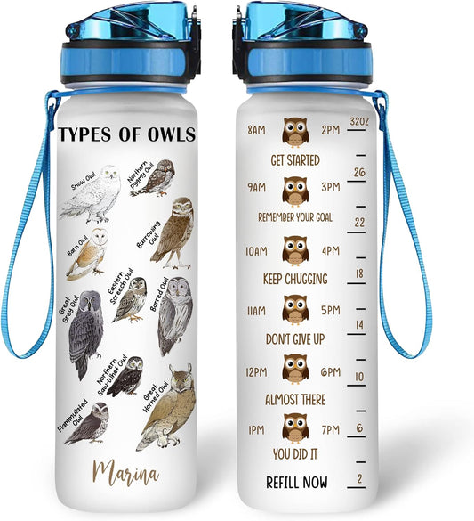 Owl Lovers Water Bottle Tracker 32oz – Personalized Motivational Bottle with Time Marker – Unique Gift for Bird Enthusiasts