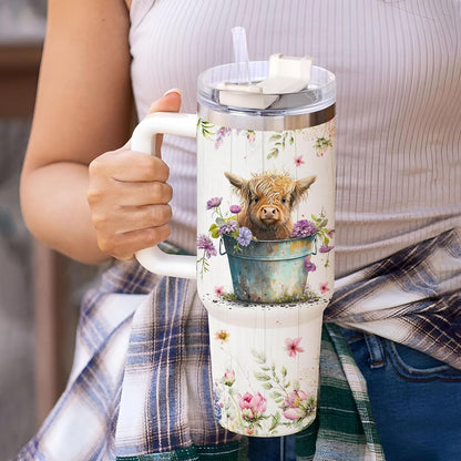 Floral Highland Cow Tumbler 40oz with Handle & Straw – Personalized Stainless Steel Insulated Travel Cup with Lid – Creative Gift for Cow Lovers