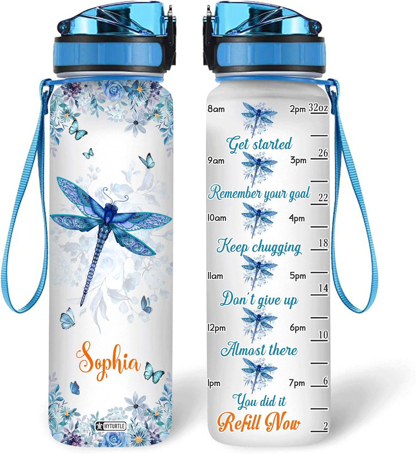 Dragonfly Floral Theme - Personalized Water Tracker Bottle 32oz