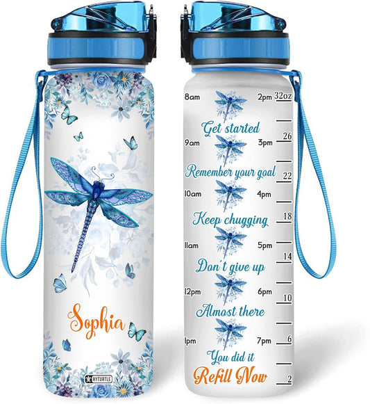 Dragonfly Floral Theme - Personalized Water Tracker Bottle 32oz