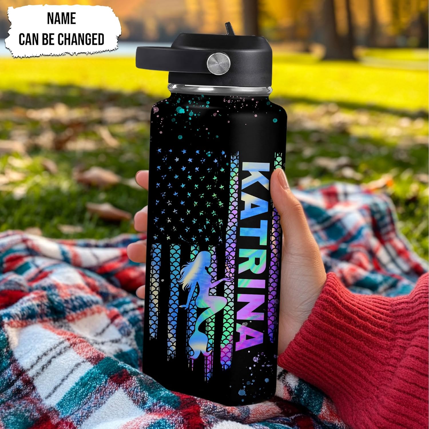 Boho Mermaid Spirit Water Bottle 32oz – Personalized Stainless Steel Insulated Bottle with Leak-Proof Lid – Artistic Gift for Mermaid Lovers