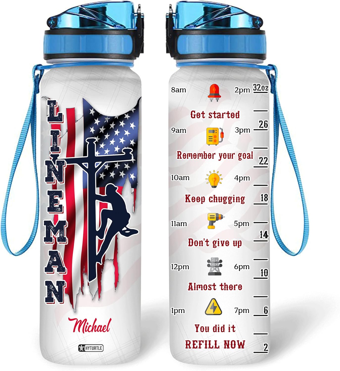 Lineman American Flag - Personalized Water Tracker Bottle 32oz