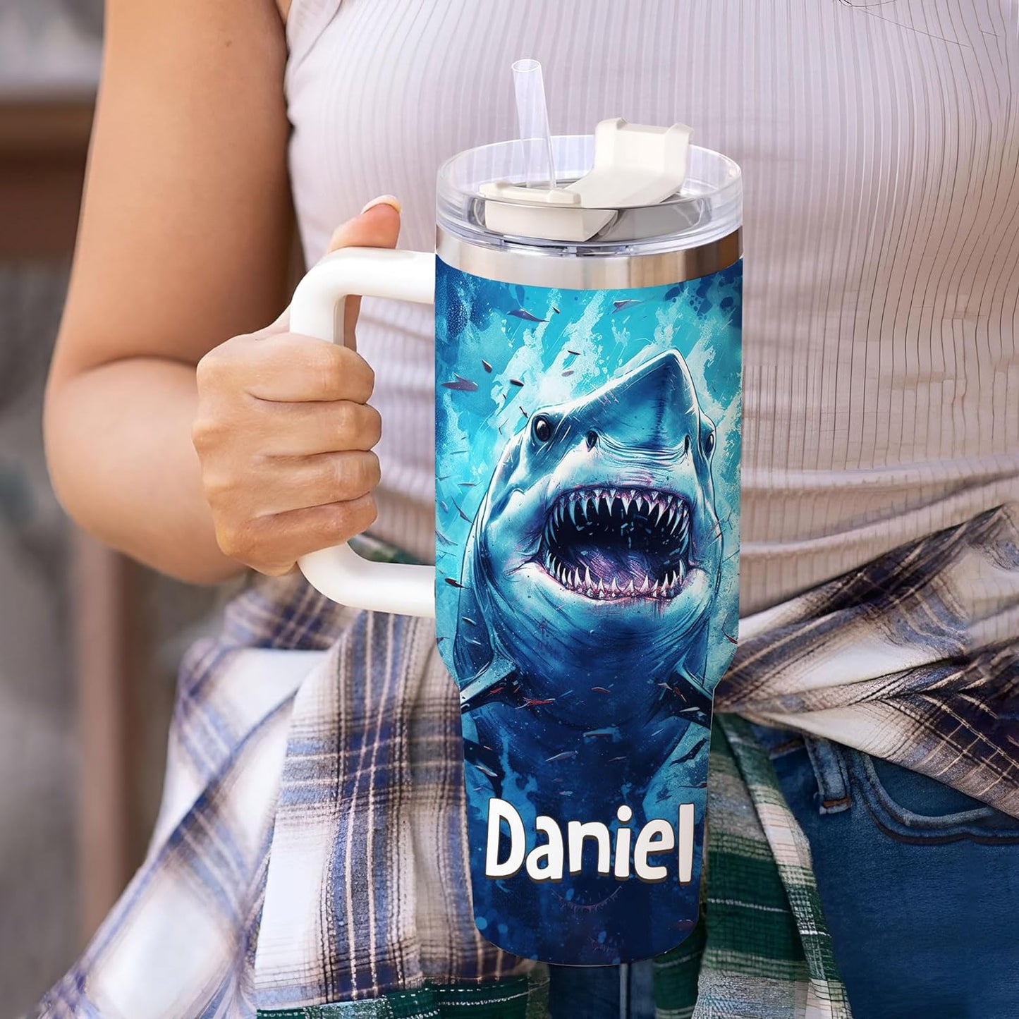 Fierce Shark Ocean Tumbler 40oz with Handle & Straw – Personalized Stainless Steel Travel Cup with Lid – Cool Gift for Shark Lovers
