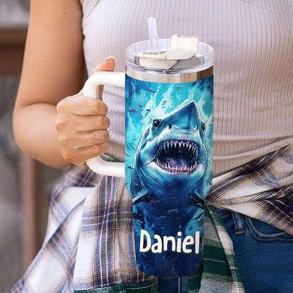 Fierce Shark Ocean Tumbler 40oz with Handle & Straw – Personalized Stainless Steel Travel Cup with Lid – Cool Gift for Shark Lovers