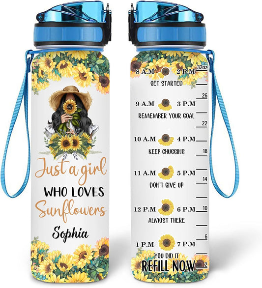 Sunflower Lovers Water Bottle Tracker 32oz Personalized – Floral Motivational Bottle with Time Marker – Stylish Gift for Women