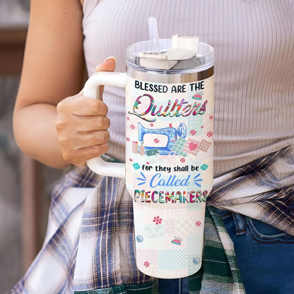 Quilting Patchwork Tumbler 40oz with Handle & Straw – Personalized Stainless Steel Insulated Travel Cup with Lid – Unique Gift for Quilters