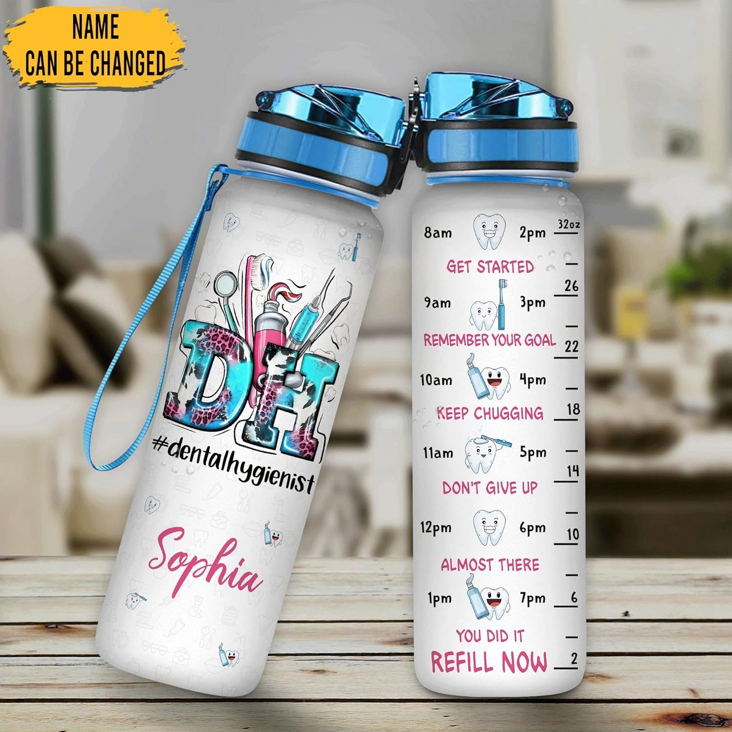 Dental Hygienist Theme Water Bottle Tracker 32oz – Personalized Hydration Bottle with Time Marker – Appreciation Gift for Dental Workers