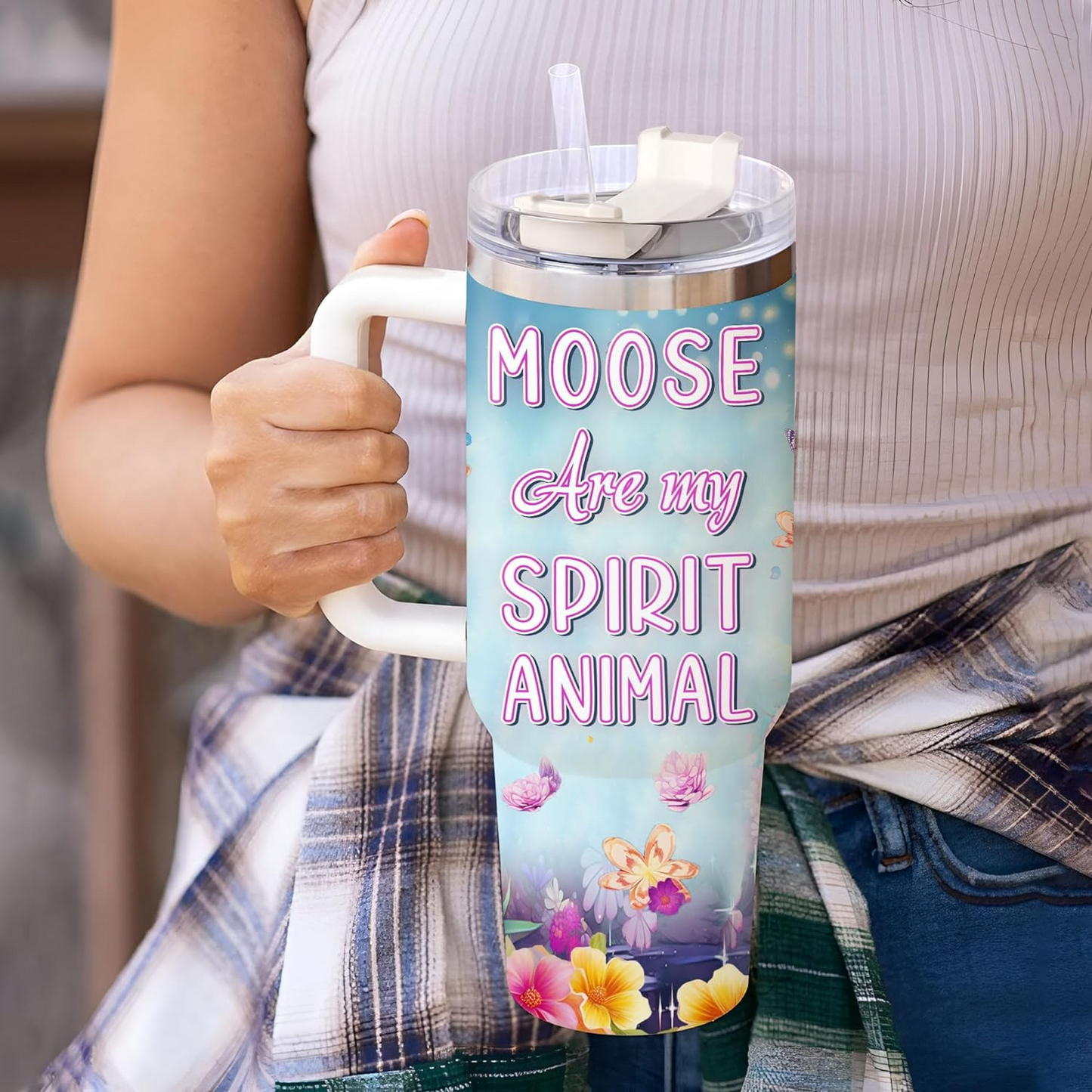 Moose Tumbler 40oz with Handle & Straw – Personalized Stainless Steel Cup with Lid – Cute Woodland Animal Gift for Women & Girls