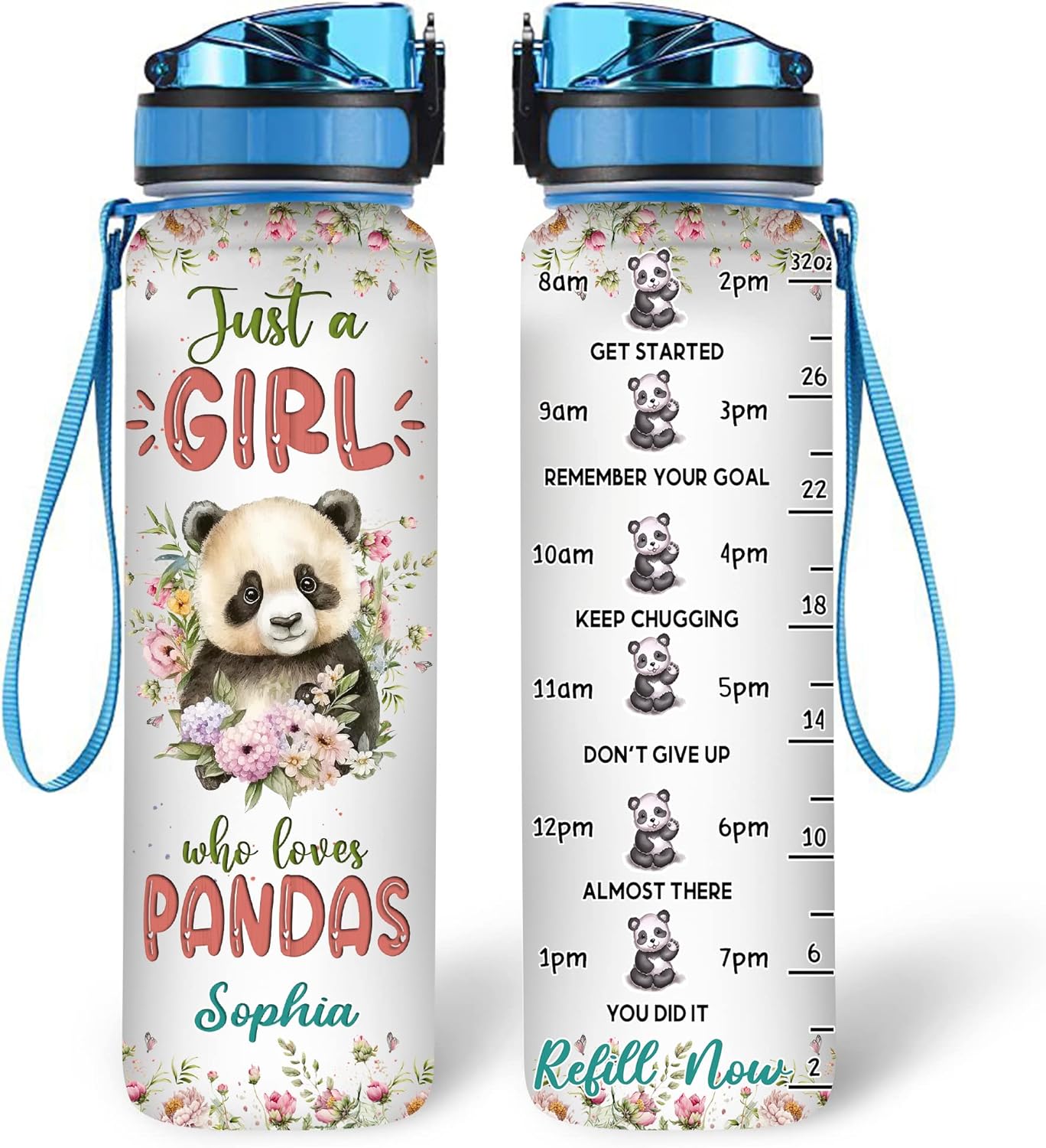 Panda Water Bottle Tracker 32oz Personalized – Cute Animal Hydration Bottle – Birthday or Graduation Gift for Panda Lovers