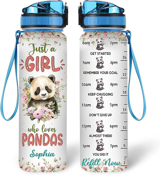 Panda Water Bottle Tracker 32oz Personalized – Cute Animal Hydration Bottle – Birthday or Graduation Gift for Panda Lovers